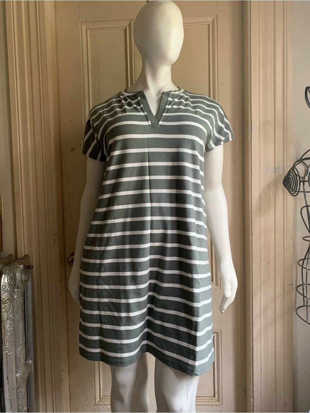NWT J. Jill Striped V-Neck Dress in Sage and White